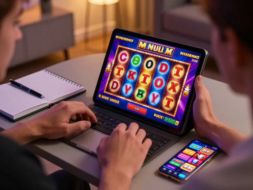 Engaging in situs slot gacor gameplay with dynamic reels on a tablet in a cozy home setting