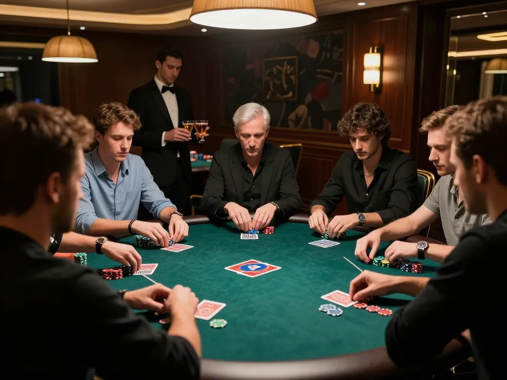 u888 players enjoying a thrilling poker game in a luxurious private room, showcasing high stakes