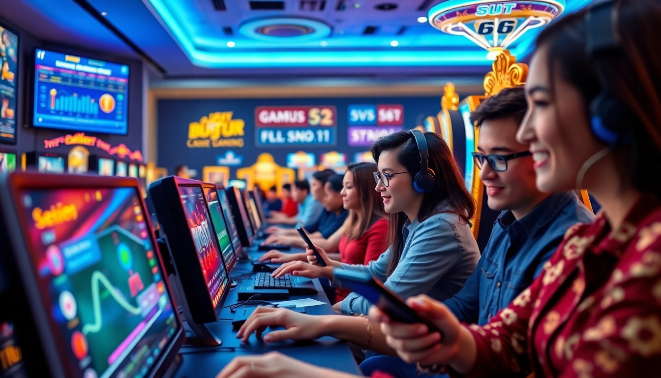 Engaged gamers at https://sv66s.net/ enjoying a vibrant online casino experience, showcasing dynamic game graphics and modern devices.