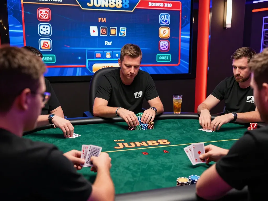 Experience exciting poker gameplay at Jun88, showcasing competitive players focused on their hands.
