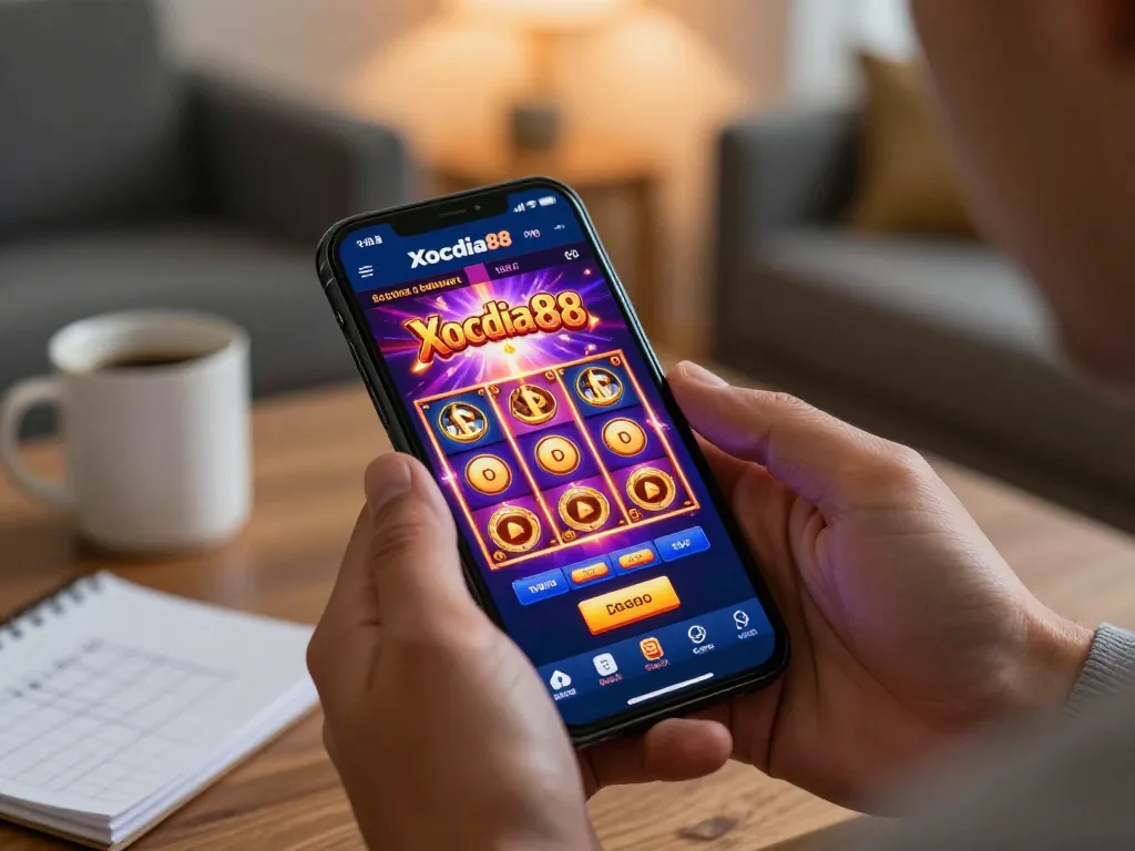 Xocdia88 mobile app action shot with player engaging in online slot game.