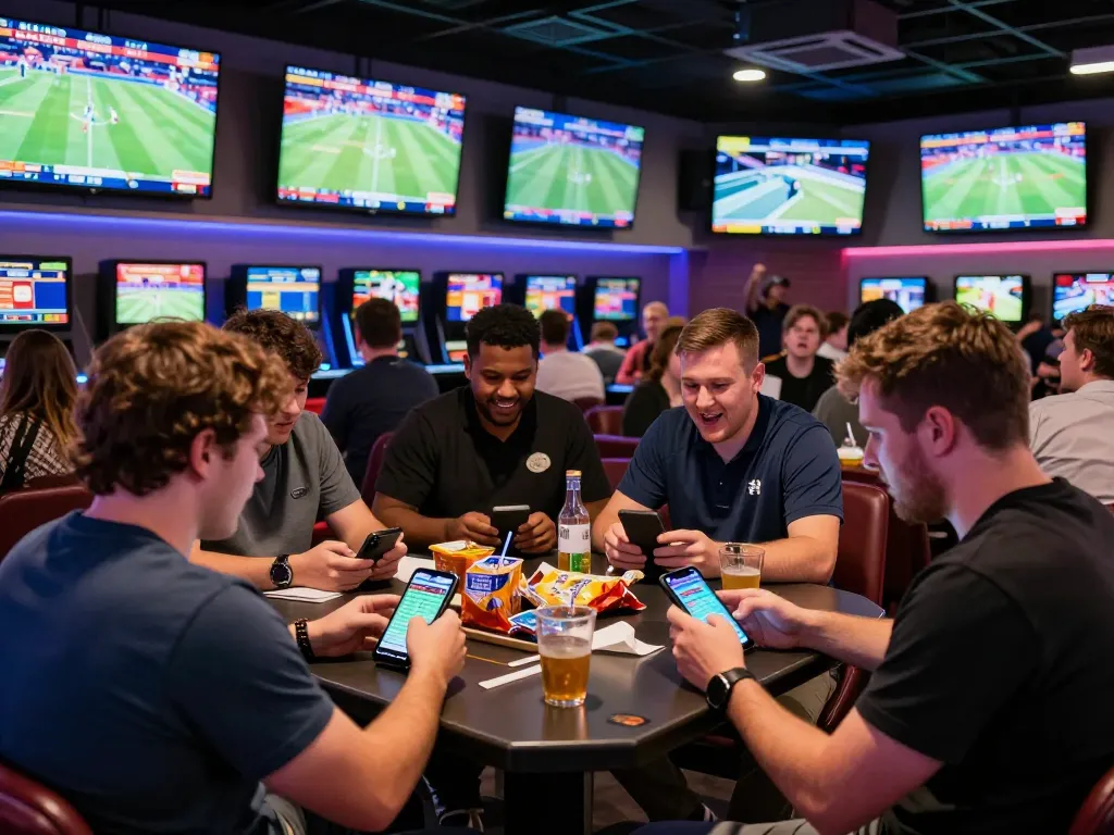 Suasana taruhan langsung SPBO dengan teman-teman yang memasang taruhan dan mendukung tim mereka dalam suasana sportsbook yang semarak.