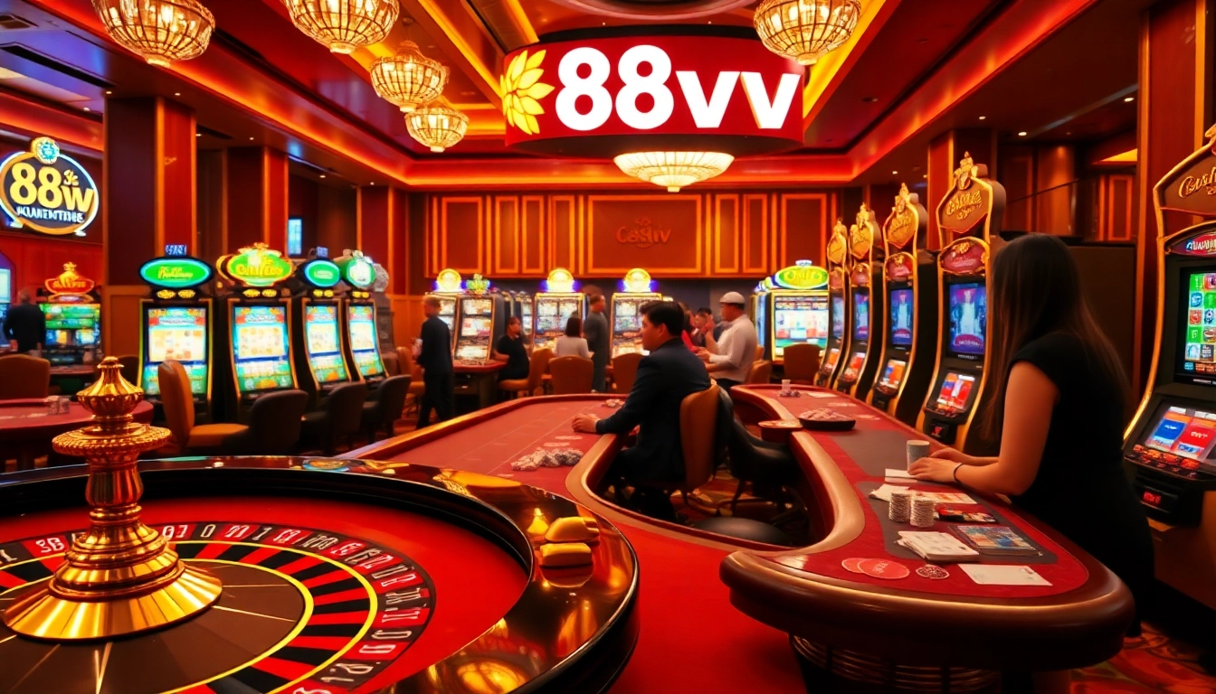 Experience exhilarating gaming action at 88vn casino with lively tables and vibrant slot machines.