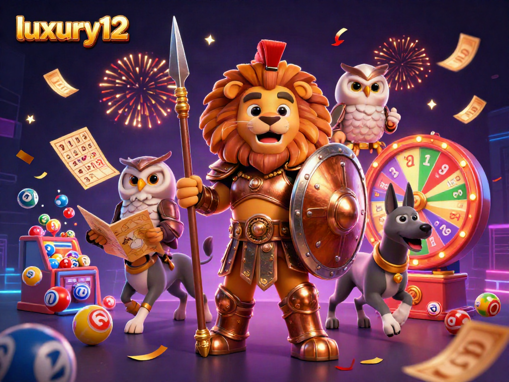 Permainan lottery dengan karakter luxury12 menunjukkan angka-angka cerah dan suasana meriah.
