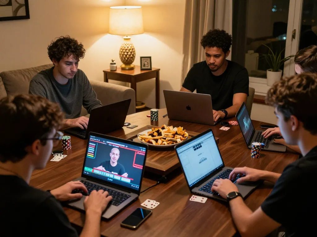 Players engaging in strategic online poker at home, showcasing Fokus777 gaming experience.