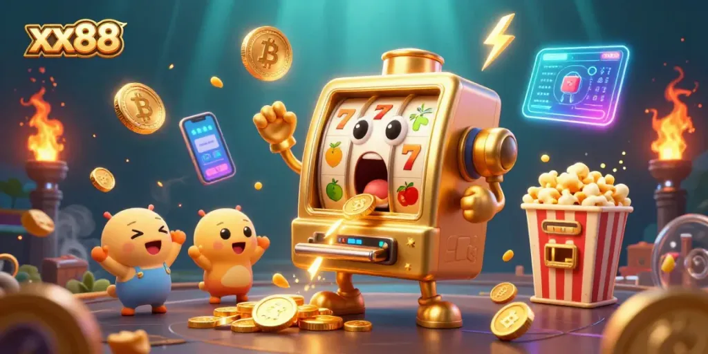 Spin the jackpot with xx88's golden slot machine amidst cheering baby slots and crypto elements.