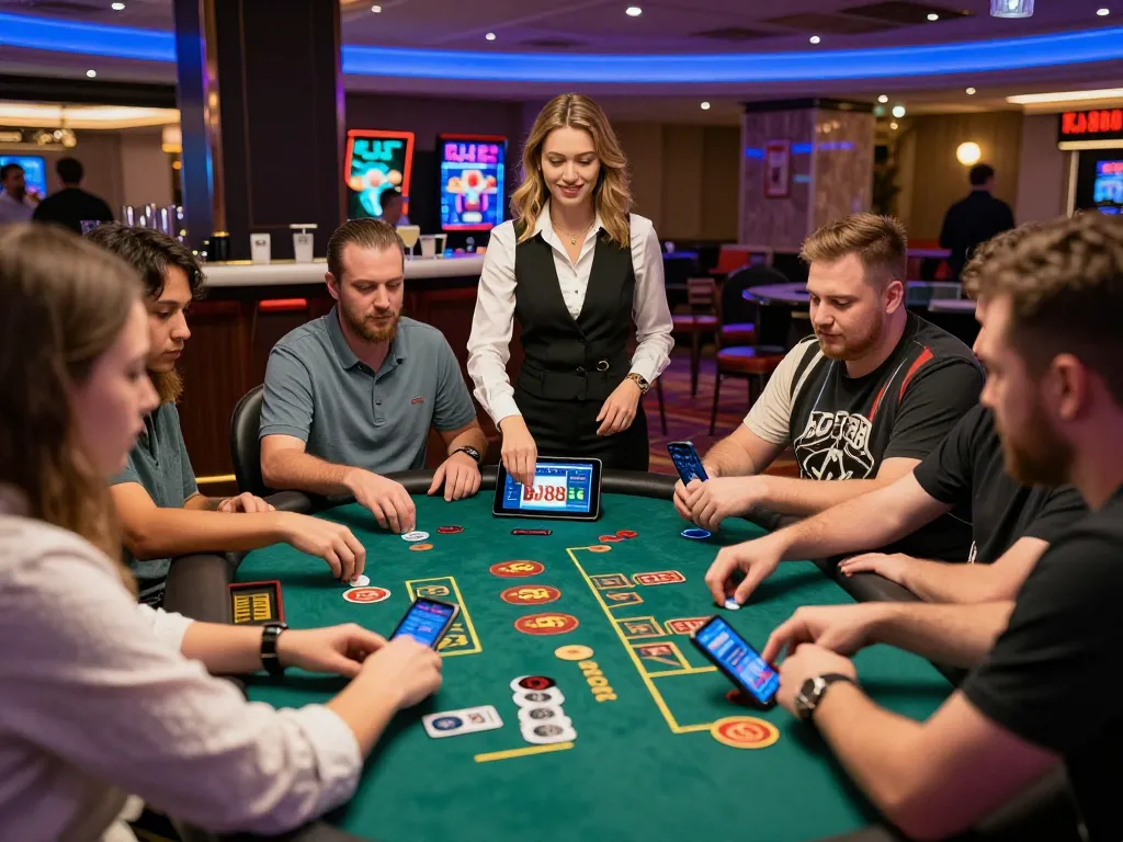 Engaged players enjoying the BJ888 online casino experience in a lively gambling atmosphere.