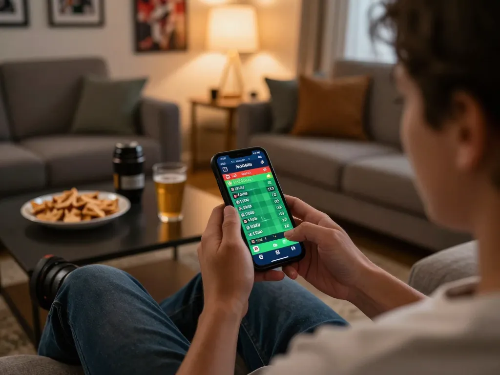 Engaging home sports betting scene with bdtk66 app on smartphone, promoting responsible gambling practices