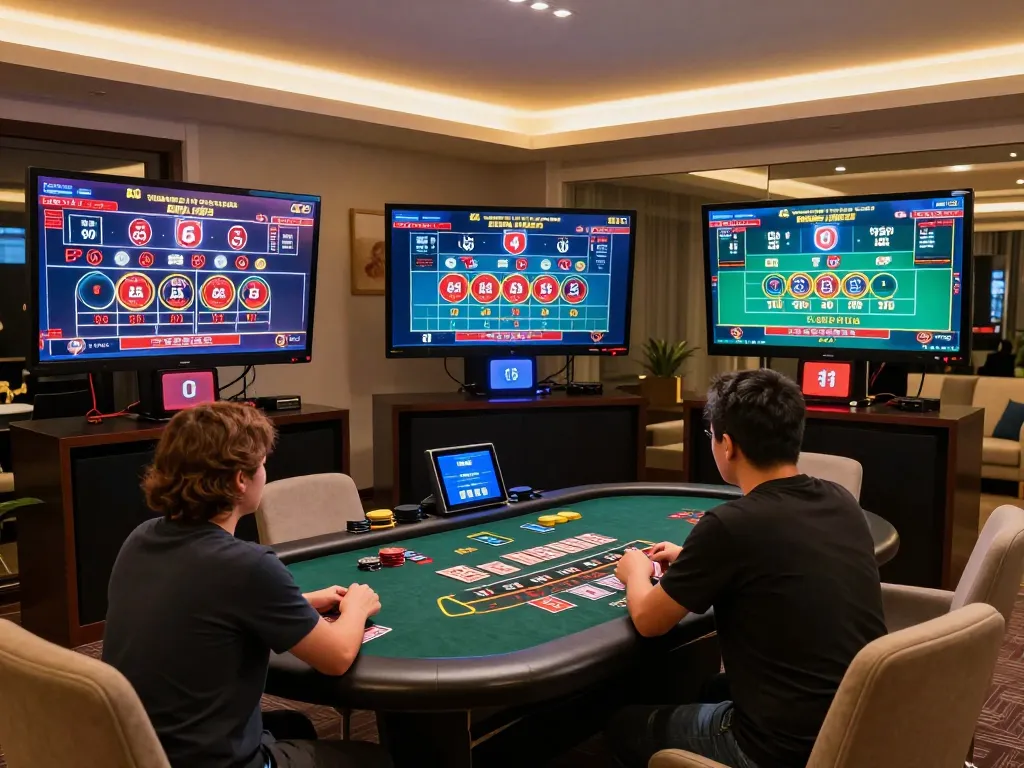 Players strategically engaging with FC88 online casino games in a modern gaming setup.