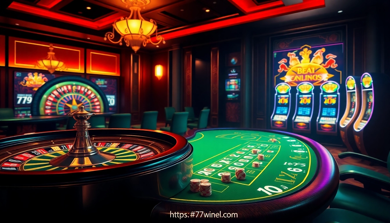 Engaging online gambling scene with luxurious elements from https://78winel.com/, featuring roulette wheel and poker tables.