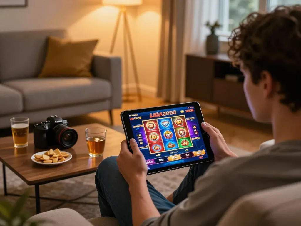 LIGA2000 gaming experience on a tablet in a cozy home setting with snacks and warm lighting.