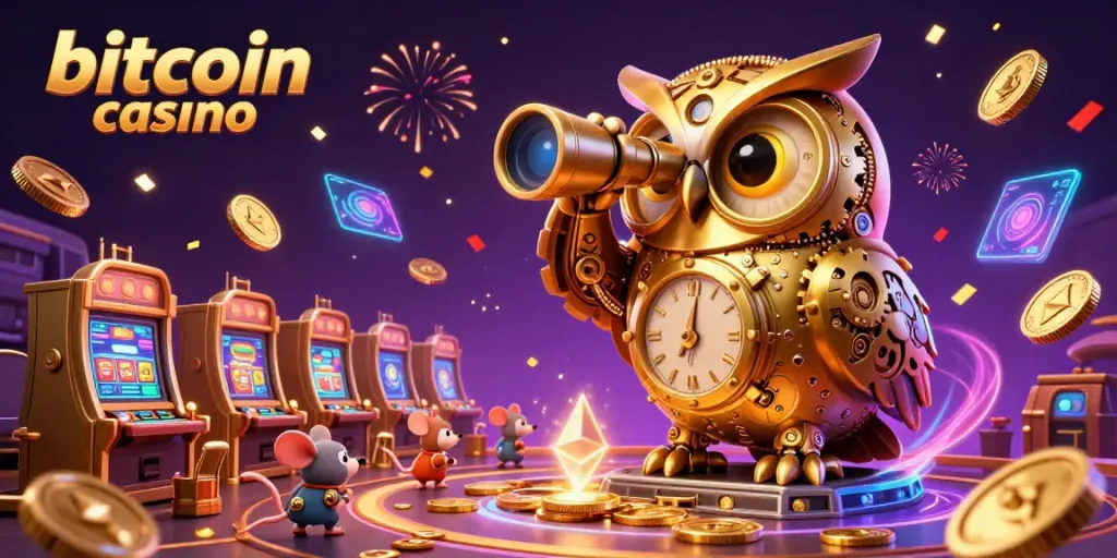 Engage with the bitcoin casino featuring a whimsical owl and dynamic gaming elements.