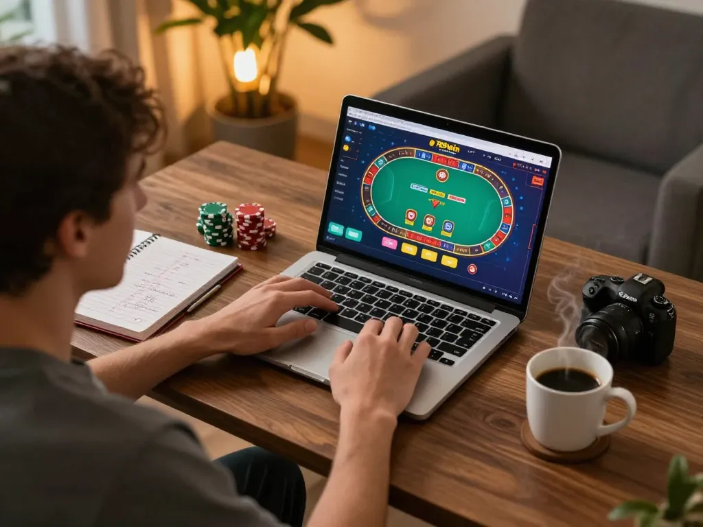 Engaging in online gaming with 789win link displayed on laptop, highlighting strategic gameplay and responsible gambling.