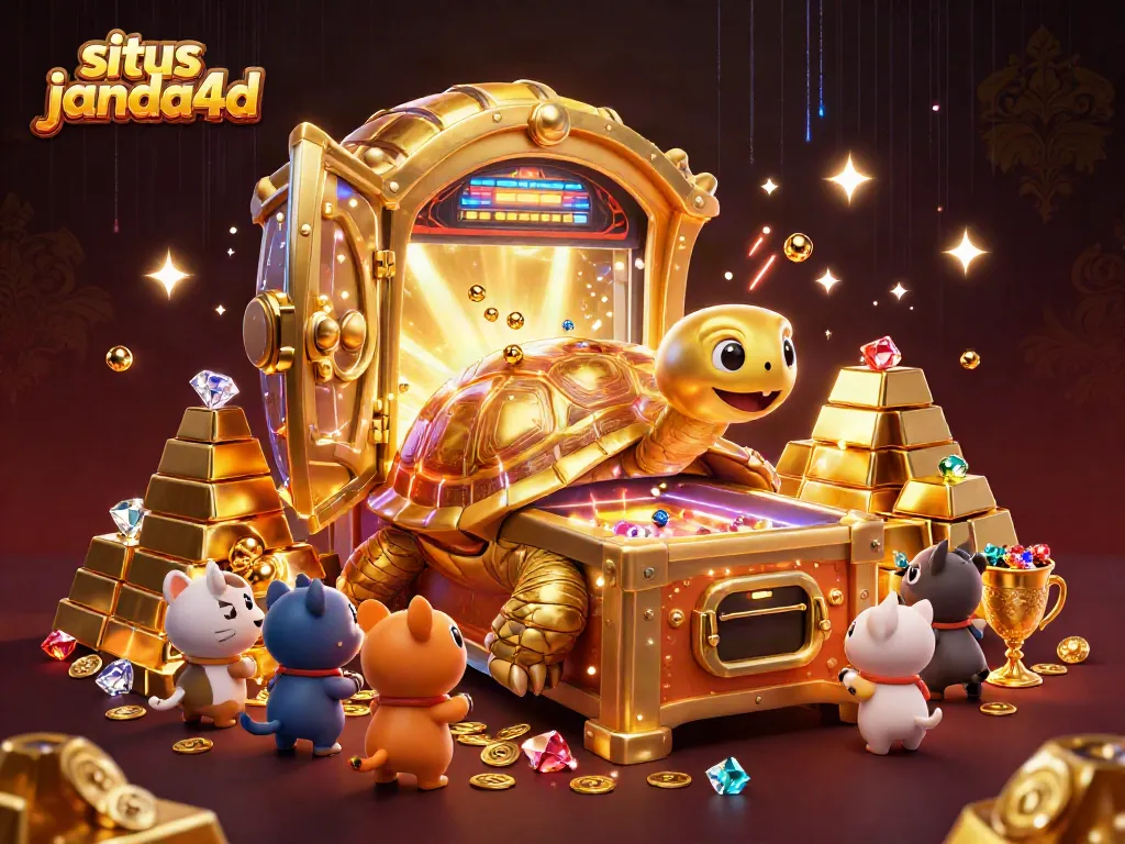 Ilustrasi 3D situs janda4d menunjukkan kura-kura emas besar yang berfungsi sebagai mesin pinball dengan efek cahaya.
