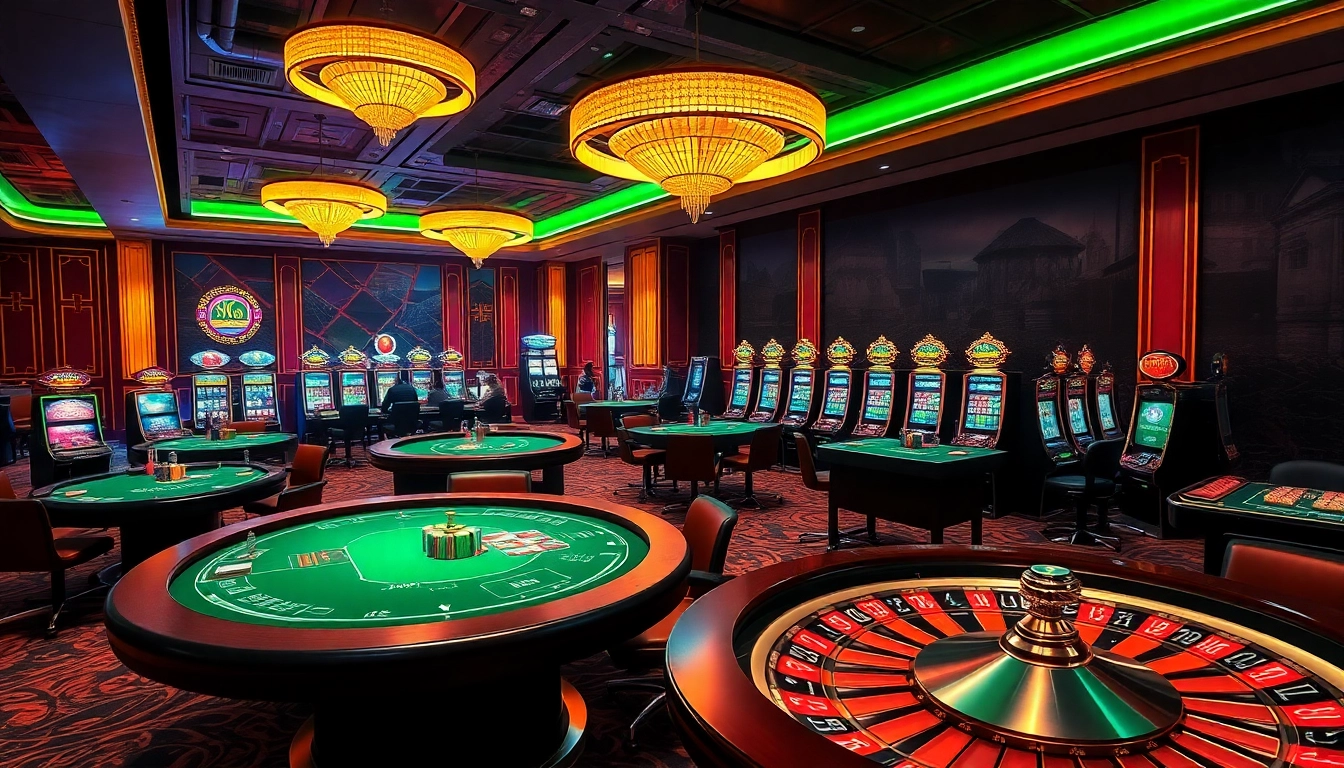 Experience the thrill at nhà cái Hay88 with players betting at poker tables, a roulette wheel, and dynamic slot machines.