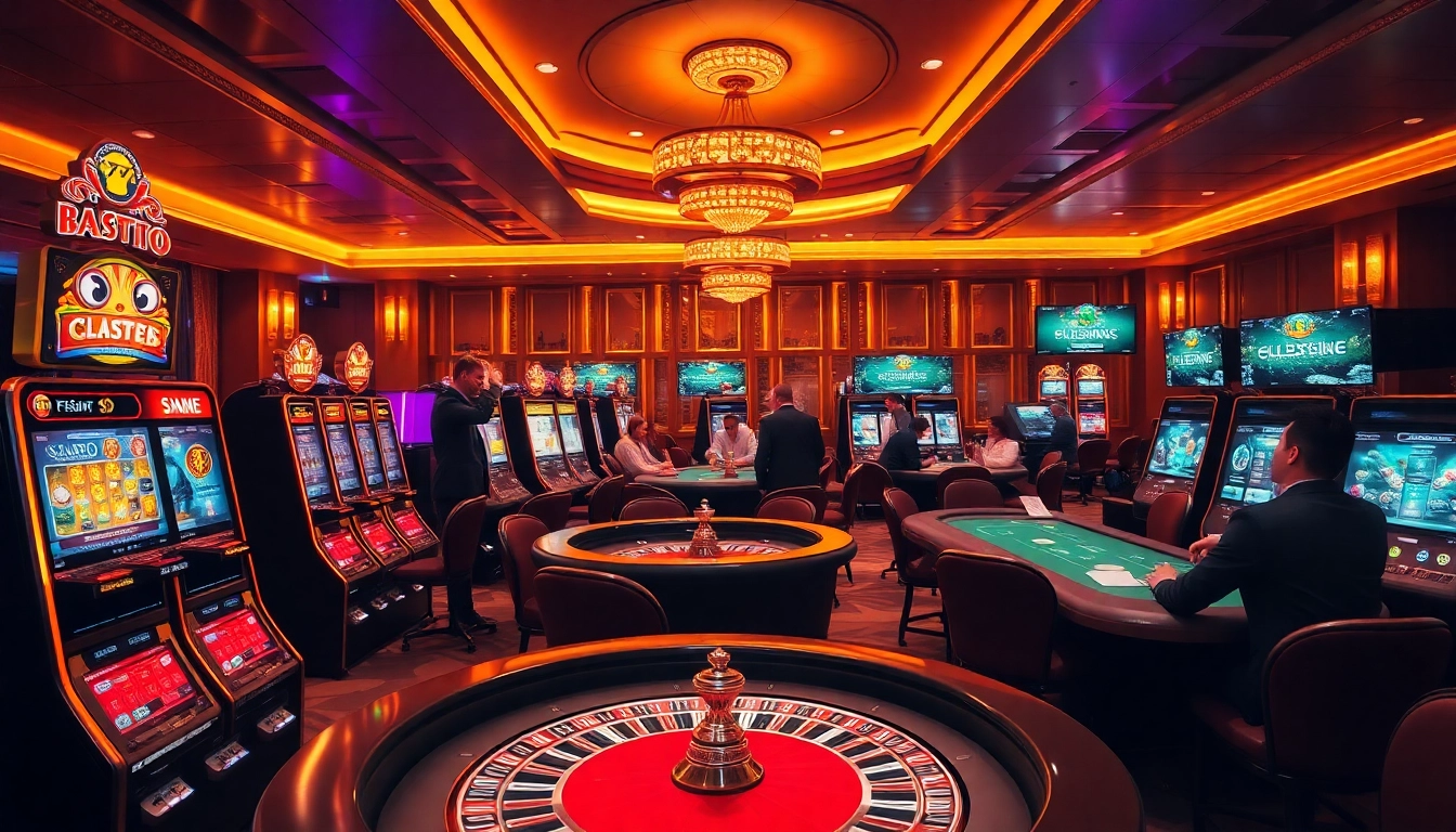 Play exciting games at https://f8bet.net.in/ with players engaged in casino action, showcasing luxury and thrill.