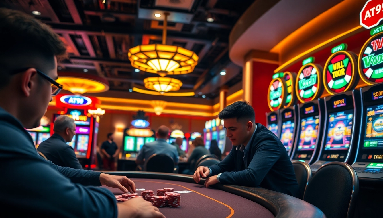 Players energized by games at AT99娛樂 casino with vibrant lights and atmosphere.