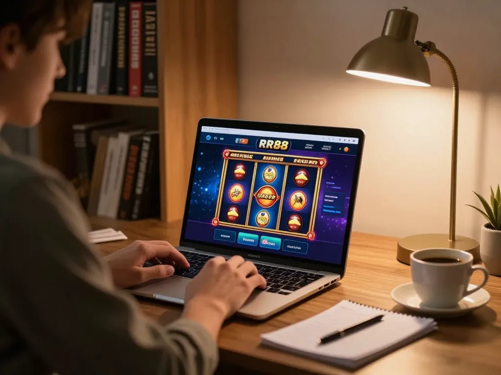 Player engaging with RR88 online casino on a laptop, showcasing slot games in a cozy home setting.