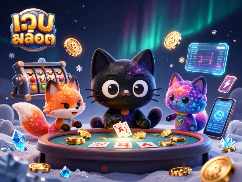 Engage in เว็บสล็อต excitement with a cosmic casino scene featuring a black hole cat and nebula fox.
