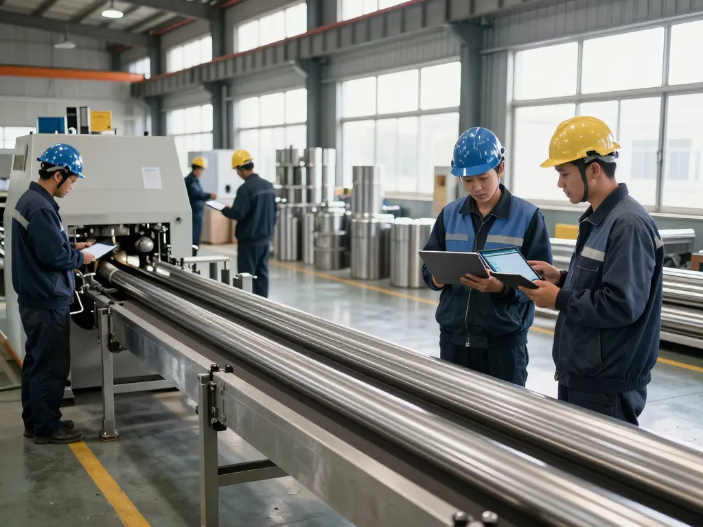 Workers inspecting Sumwin stainless steel pipes in a bright manufacturing facility.