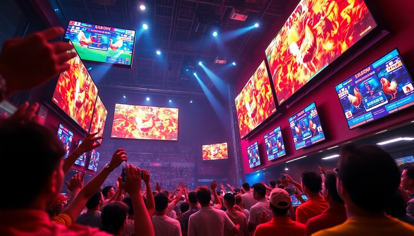 Experience live cockfighting excitement with Sabong 67, vibrant scene showcasing digital matches and a cheering crowd.