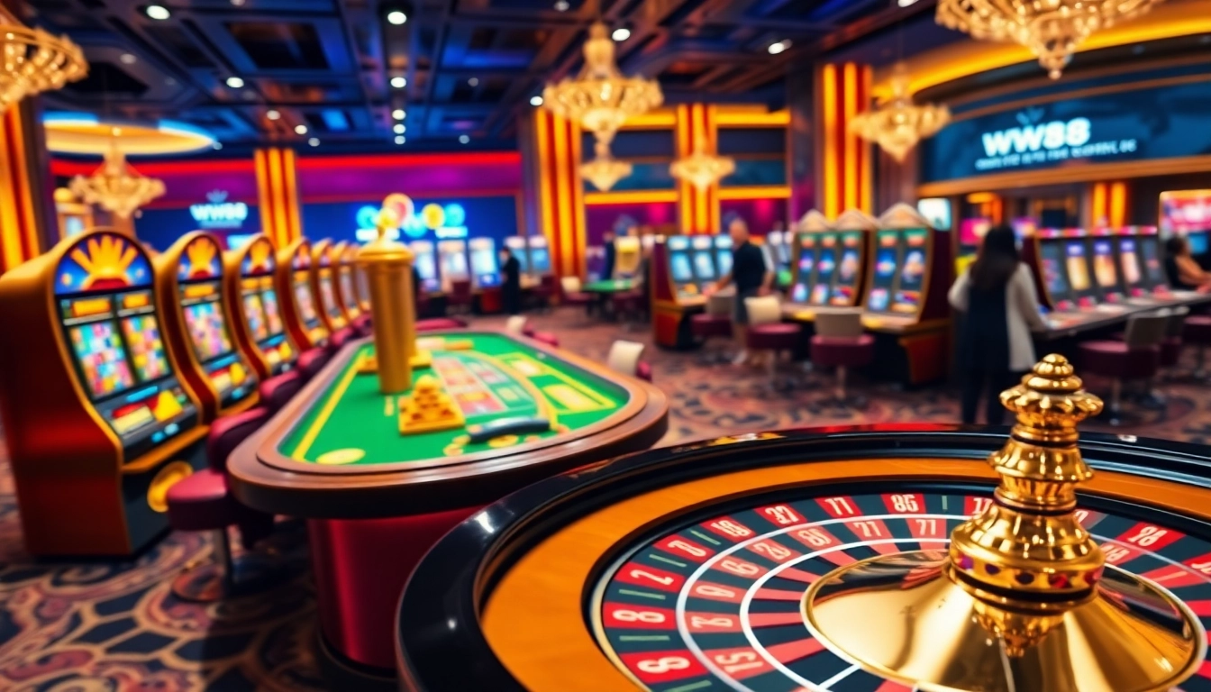 WW88 gaming interface showcasing luxurious casino tables and immersive slot machines in a vibrant atmosphere.