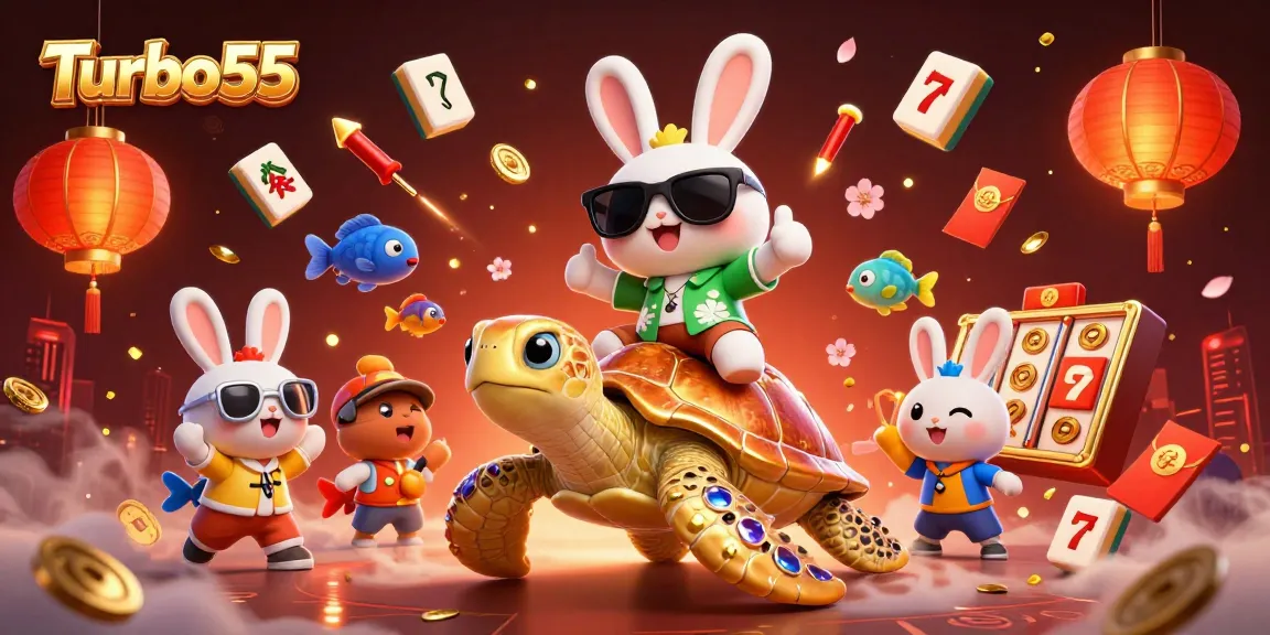 Experience Turbo55's thrilling slots with a lucky rabbit and golden sea turtle in a vibrant casino scene.