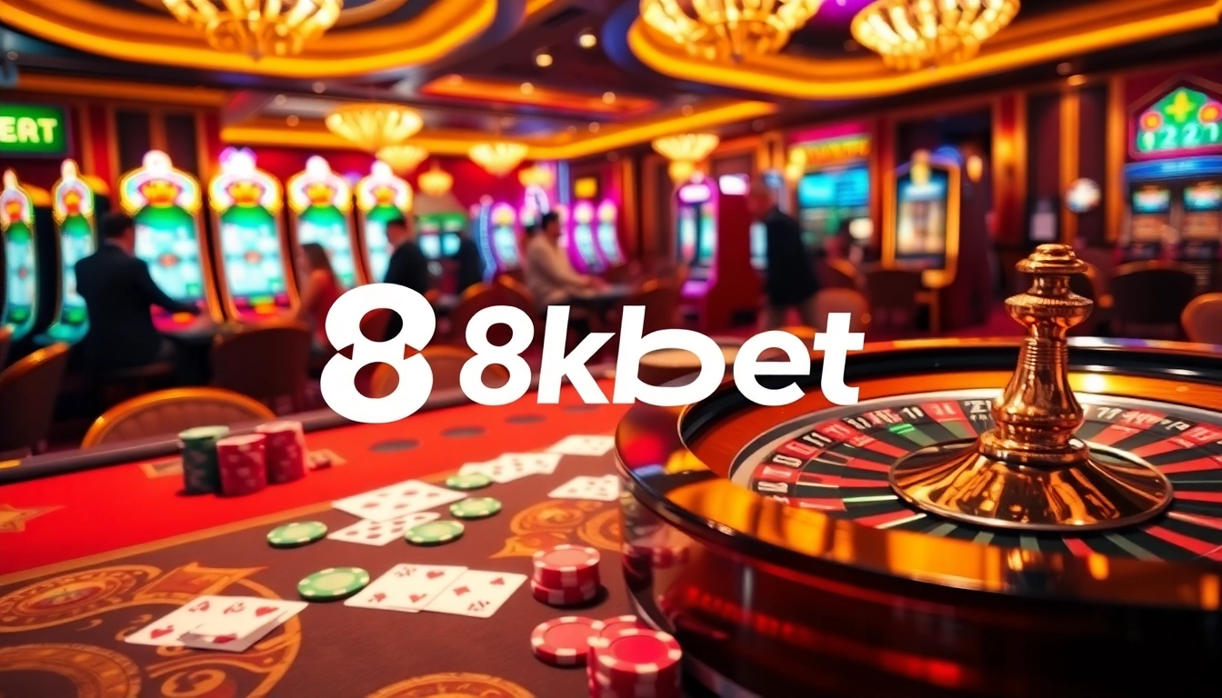 Experience the excitement of 8kbet with vibrant casino gaming elements like poker chips and roulette.
