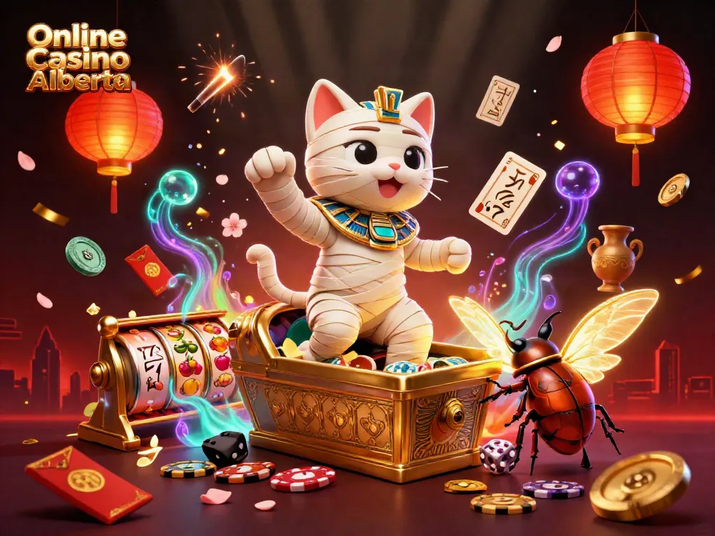 Experience thrilling games at Online Casino Alberta with a dynamic digital illustration featuring fun characters and vibrant elements.