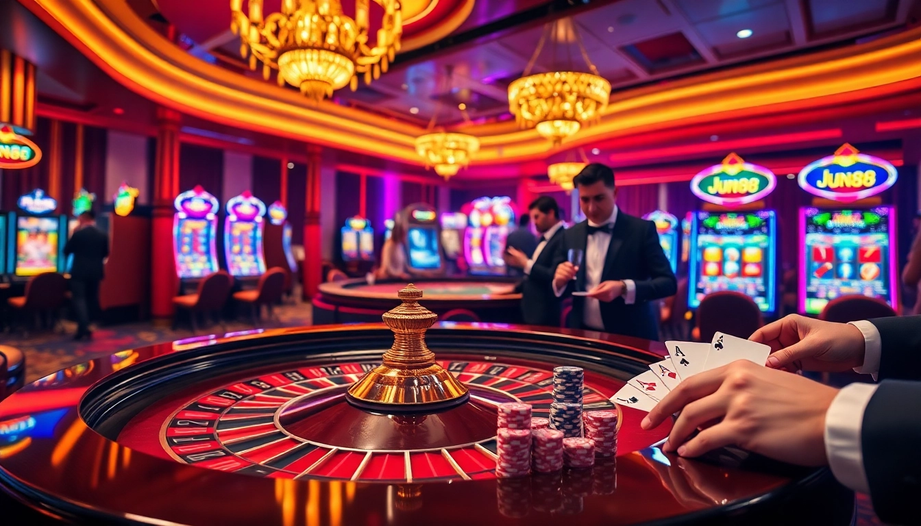Jun88 gamblers enjoy an exciting game at a luxurious casino with roulette and slot machines.
