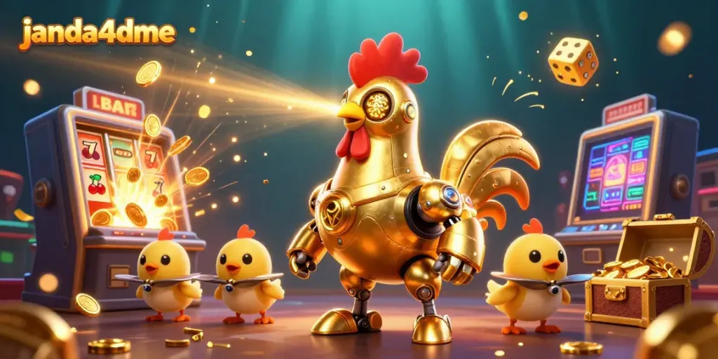 Janda4dme menyajikan robot ayam emas futuristik dalam aksi menarik slot judi yang penuh gemerlap.