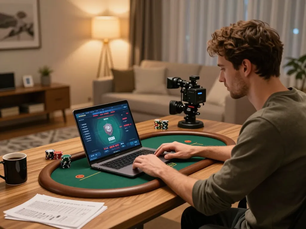 Engaging in online poker at home using GEMWIN, showcasing strategy and gaming excitement.