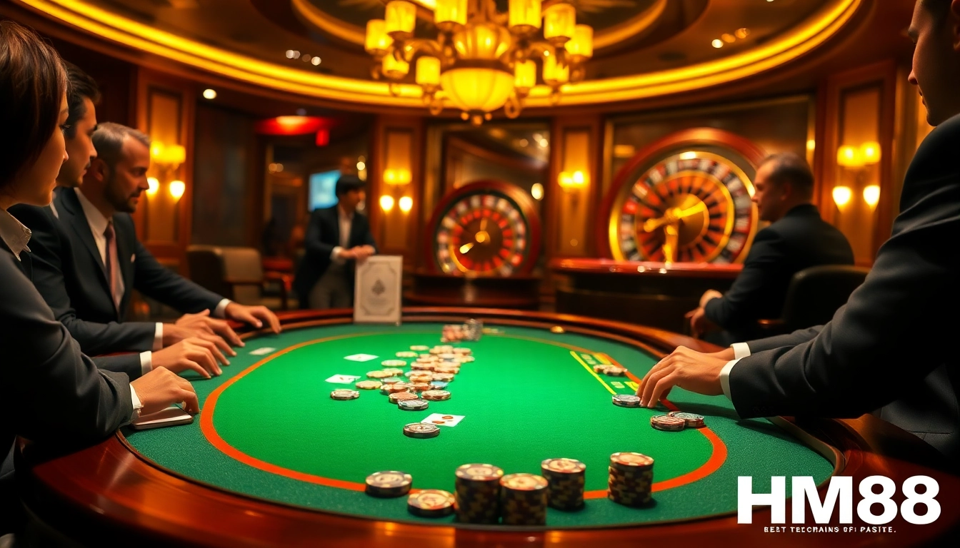 Experience thrilling gameplay at HM88 with vibrant casino tables and excited players.
