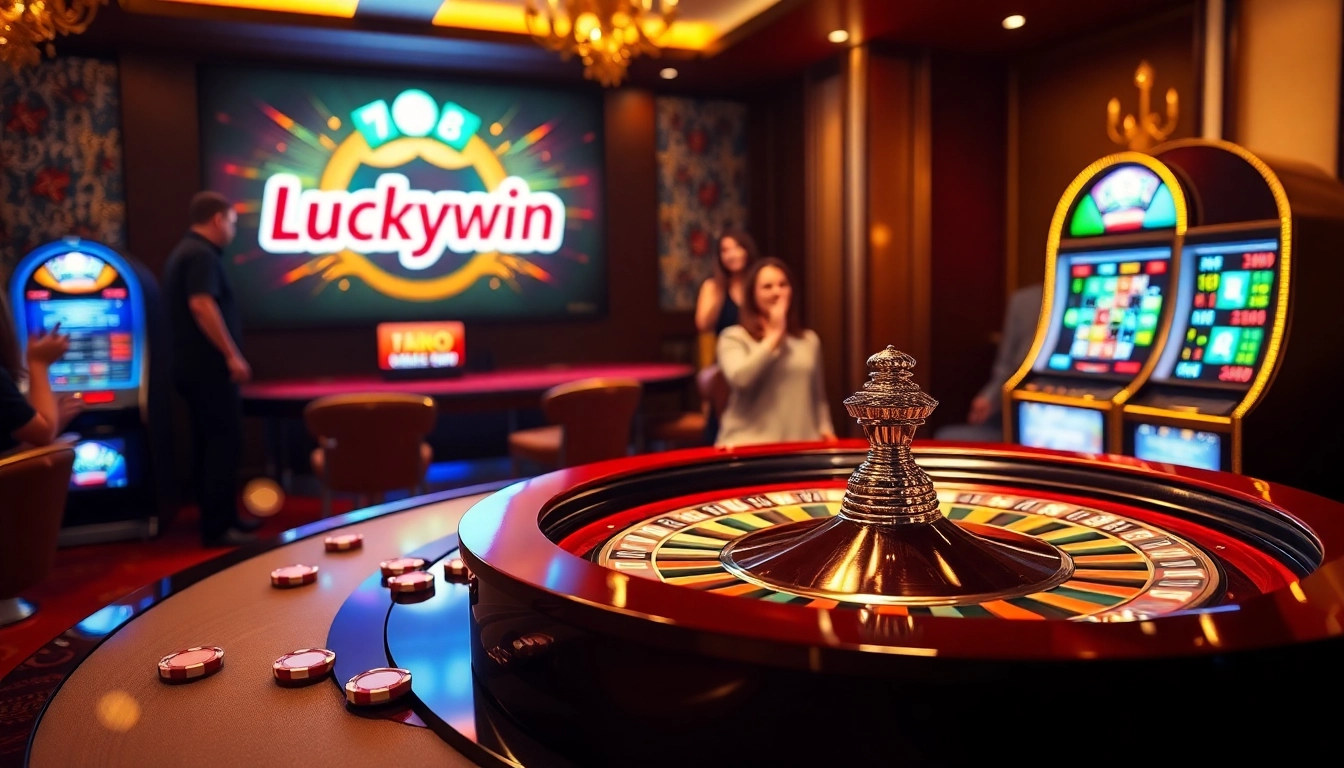 Luckywin interactive online casino with players at the roulette table and vibrant slot machines.
