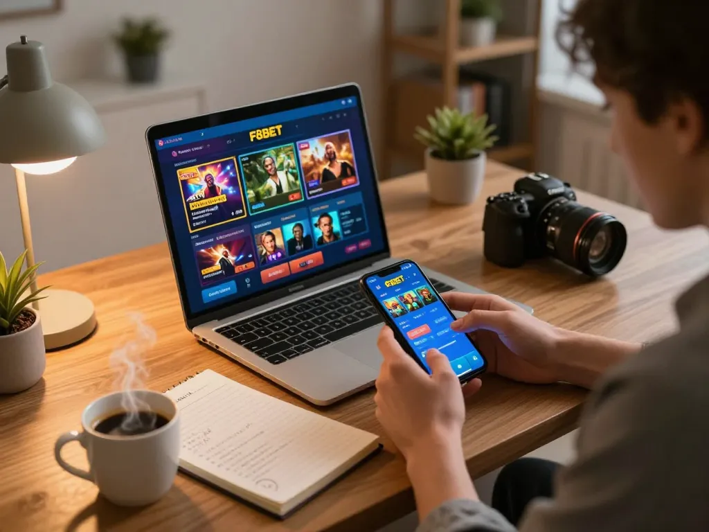 Player using the F8BET app to strategize, surrounded by betting notes in a cozy home office