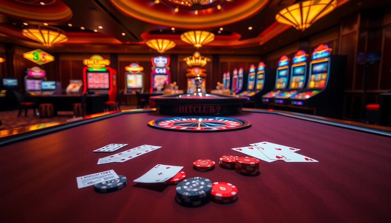 Exciting gambling scene featuring card games, roulette, and Hitclub9 elements in a vibrant casino atmosphere.