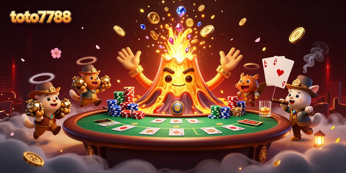 Experience the thrill with toto7788's games as a golden volcano erupts treasures amidst a bustling casino scene.
