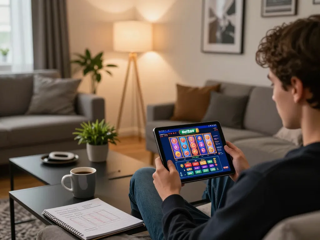 Engaged player using the Betbdt app on a tablet in a cozy living room, showcasing online gambling experience.