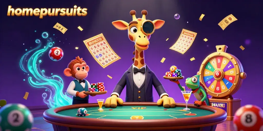 Jerapah menggemparkan meja poker dalam suasana kasino homepursuits, dengan bola lotere berwarna-warni bertebangan.