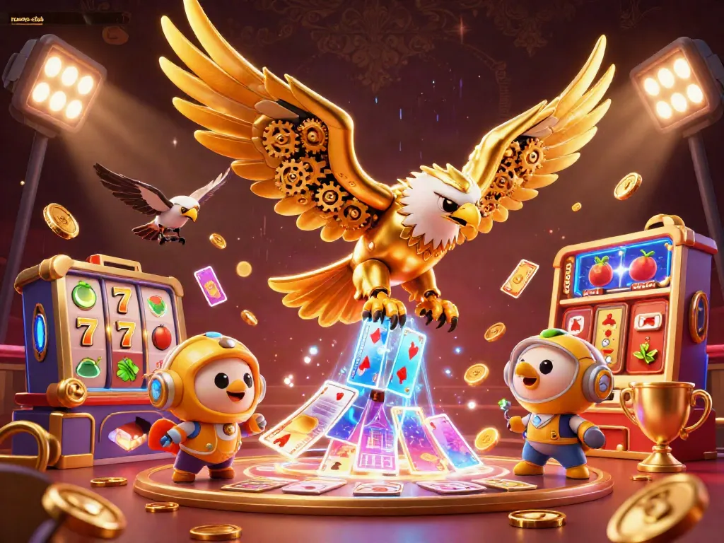 Permainan slot online di rooms-club dengan ilustrasi elang cybernetic 3D yang meraih jackpot.