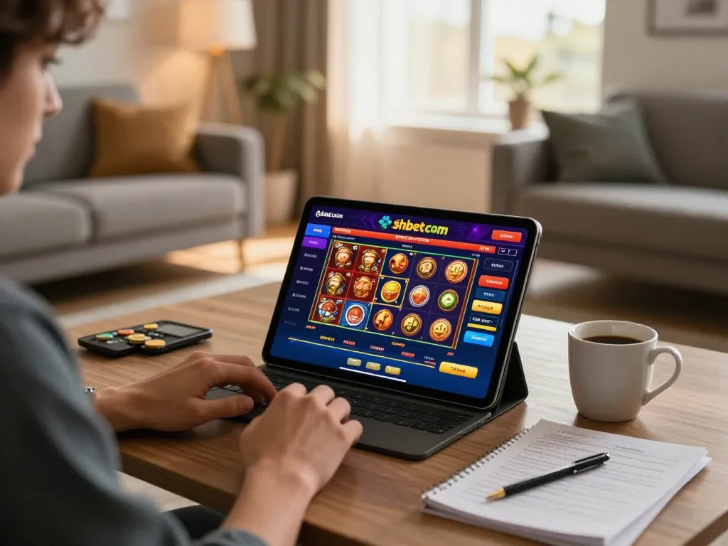 Player enjoying online casino games on shbet com, showing engaging tablet gameplay in a cozy setting