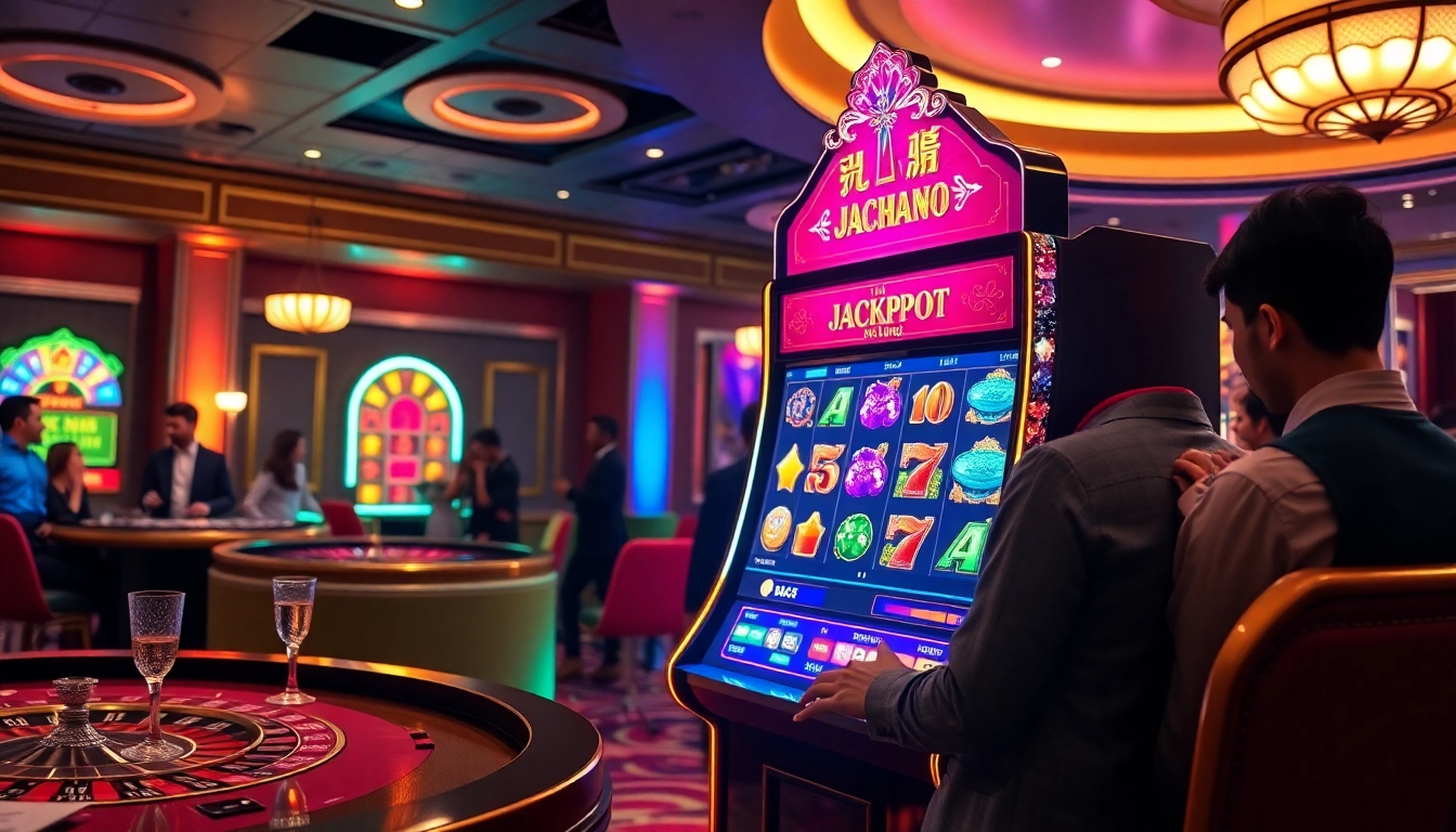 Nổ Hũ Đổi Thưởng slot machine showcasing vibrant graphics and a dynamic jackpot display in a luxurious casino.