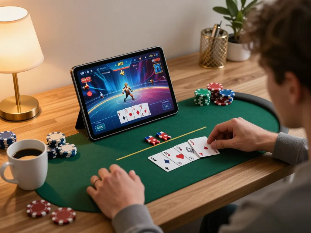 Player enjoying an online poker game on a tablet while engaging in strategic gameplay at home, rikvip gaming