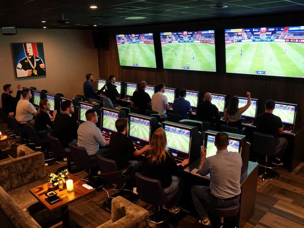 Engaged fans placing bets at a sports betting lounge while analyzing nhan dinh keo nha cai for recent matches
