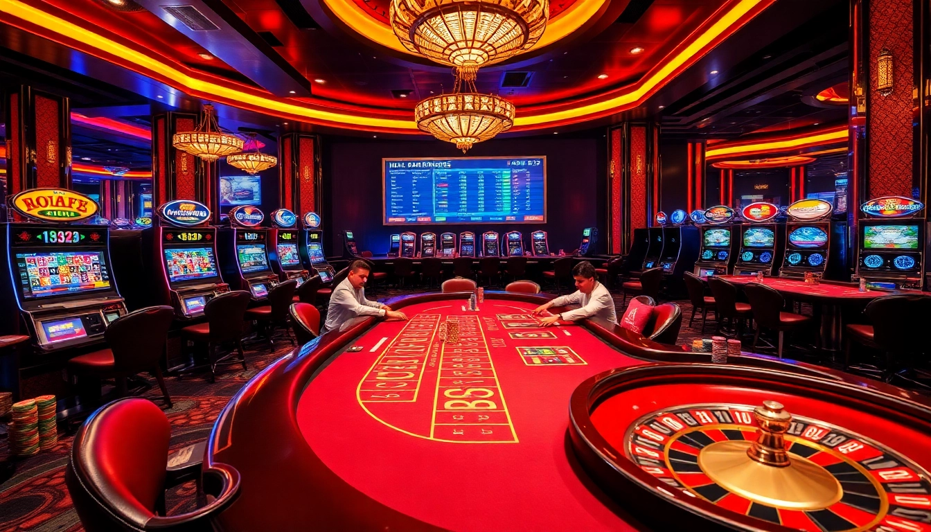 Experience the thrill of NOHU52 with vibrant casino visuals of poker tables and roulette wheels.