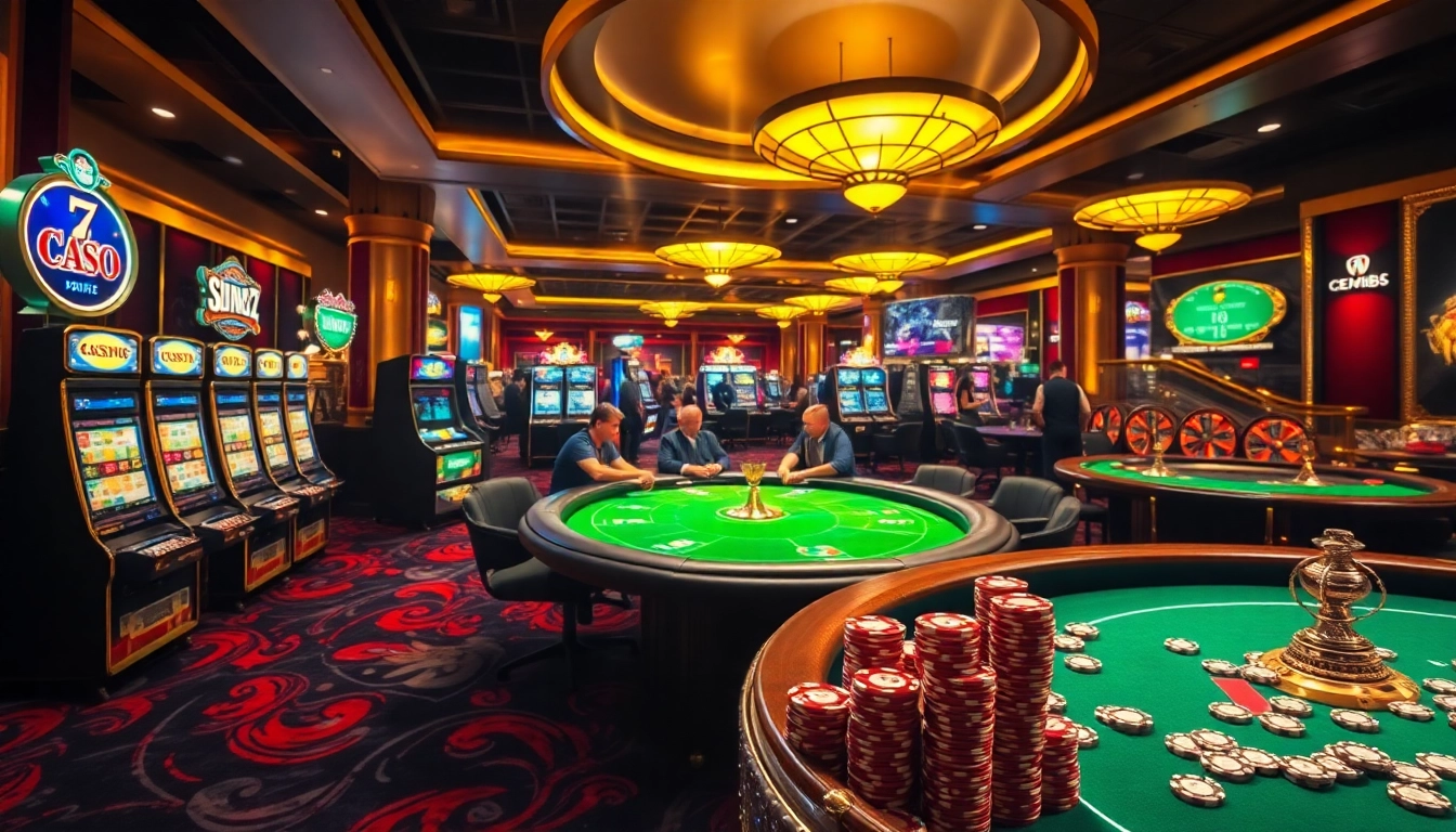 An immersive casino scene with online gambling elements highlighting https://bem88.com, featuring poker tables and slot machines.
