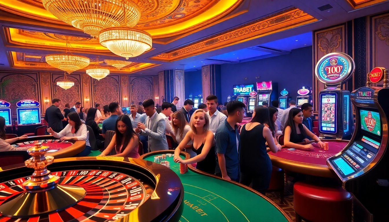 Experience a thrilling game at THABET casino with vibrant tables and excited players.