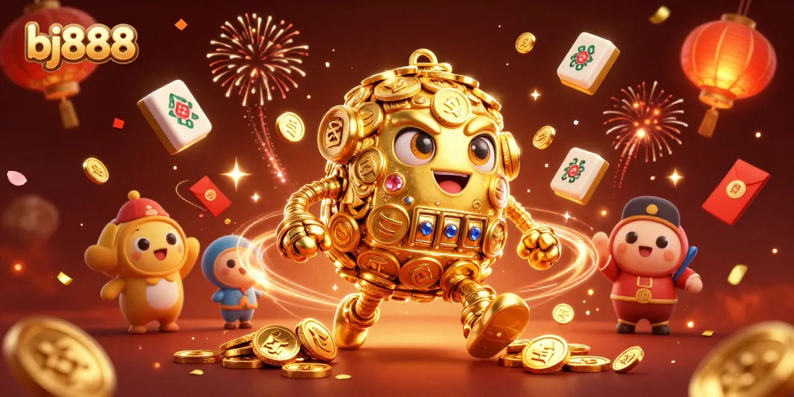 Experience the excitement of bj888 with a vibrant 3D casino scene filled with golden golems and festive elements.