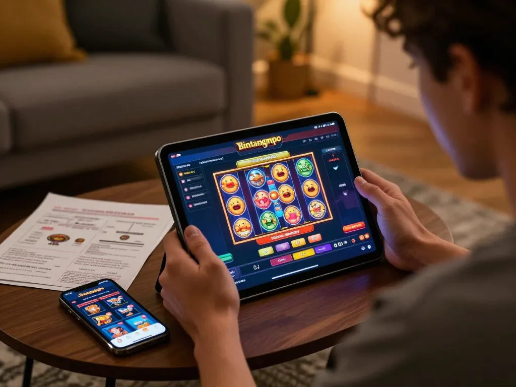 Pengguna Bintangmpo terlibat dengan slot online di tablet dalam suasana rumah yang nyaman.