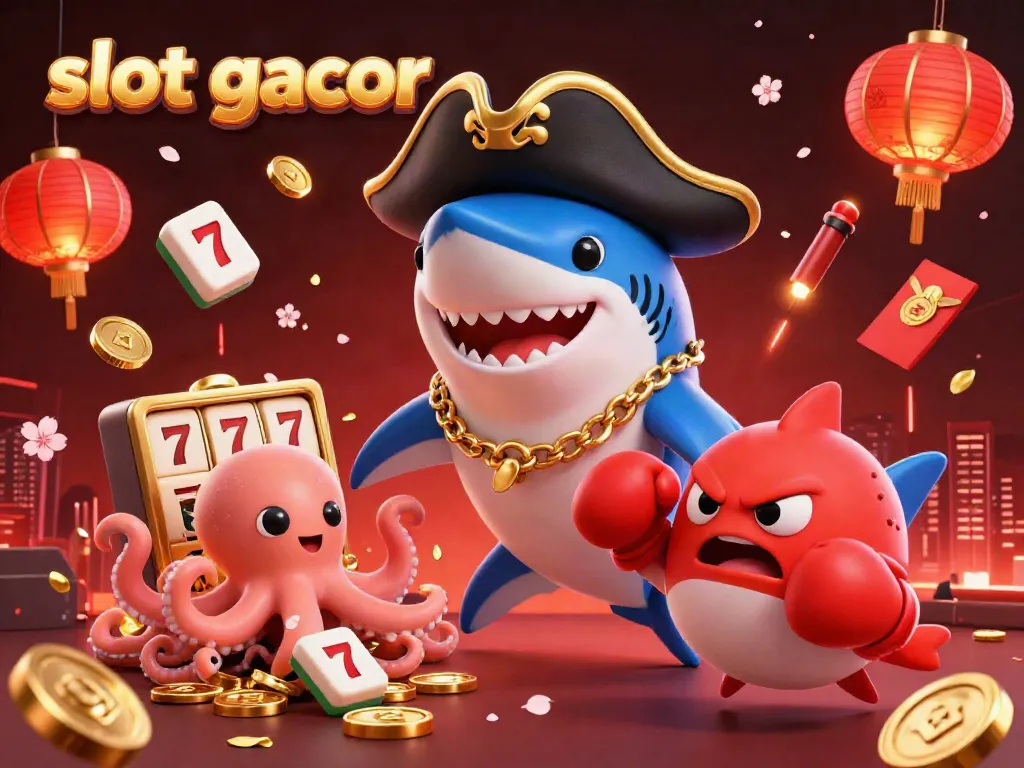 Slot gacor menggambarkan hiu bajak laut kartun dan teman-teman bawah laut yang energik.